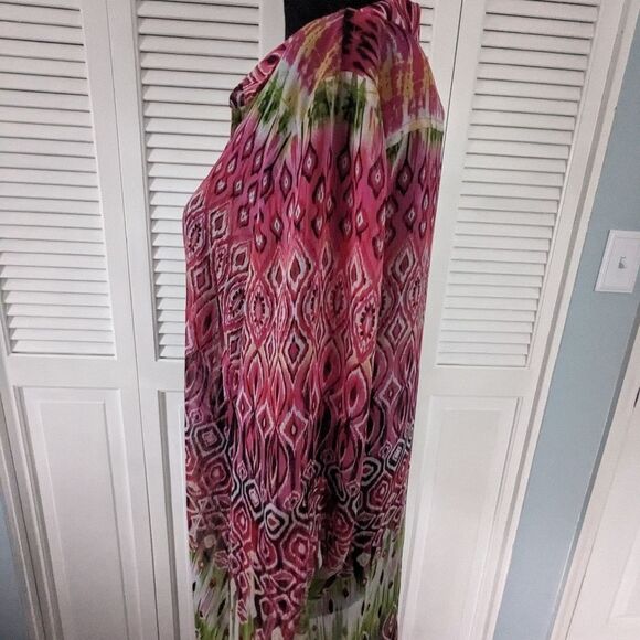 Glance Top Womens sz XL Multi Geometric Pattern Sheer Tunic TabSleeve Pink Green - Picture 2 of 9